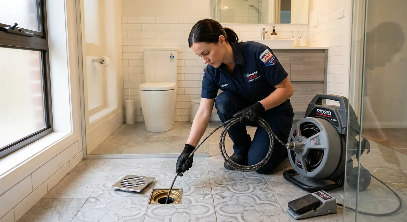 Technician clearing a bathroom floor drain for Clogged Drain Repair in Beverly Hills